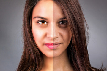 Naklejka premium Face of beautiful young woman before and after retouch