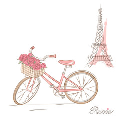 Bicycle with a basket of flowers . Vector illustration