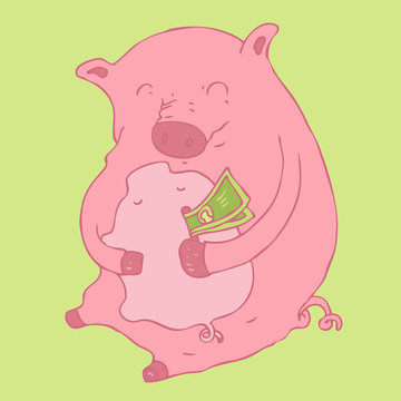 cute piglet with a piggy bank , friendly pig vector Illustration