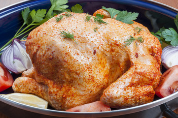 Raw chicken in pot