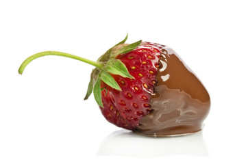 Red sweet strawberry in chocolate isolated on white background