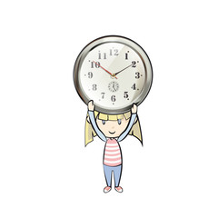 Kid with vintage table clock over white background