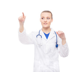 Professional doctor woman pushing an imaginary button