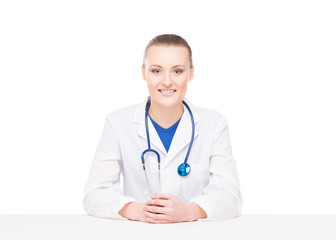 Fototapeta premium Young, professional and cheerful female doctor working in office