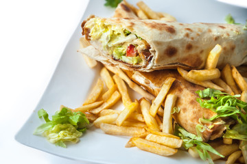 Rolled meat with French fries