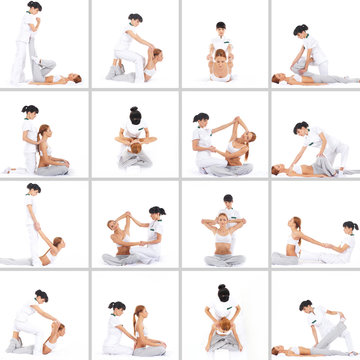 Collection of many different images with woman on thai massage