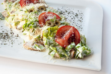 A small Caesar Salad with shredded parmesan cheese, croutons and