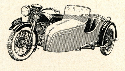 Motorcycle with a sidecar ca. 1930 - obrazy, fototapety, plakaty