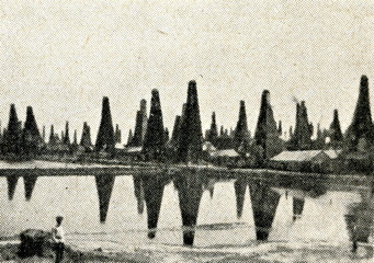 Oil lake and oil wells in Balaxanı, Baku ca. 1900