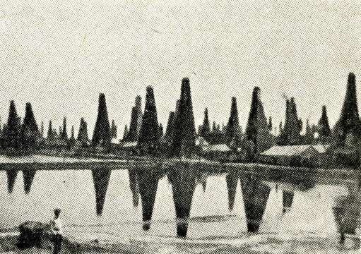 Oil lake and oil wells in Balaxanı, Baku ca. 1900