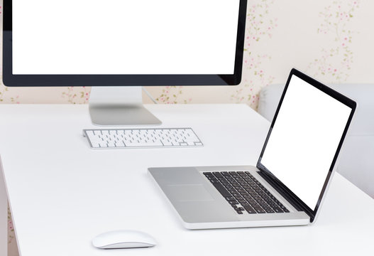 Blank screen of laptop and desktop computer