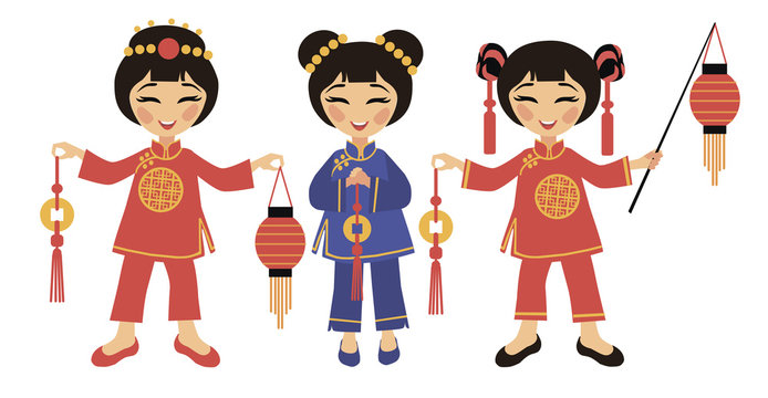 Three Chinese women with lanterns and with coins of happiness