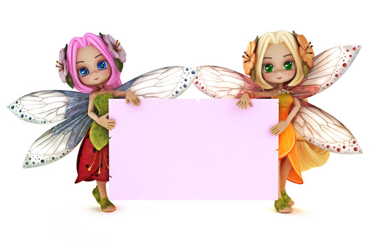 Two cute Fairy's holding a blank pink advertisement card
