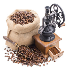 sack of coffee beans with retro grinder isolated on white