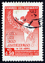 Postage stamp Paraguay 1962 Map of America and Laurel Branch