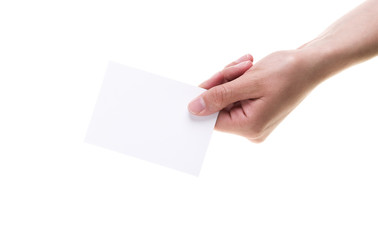 Fototapeta premium Female Hand Holding White Note Card on White Background