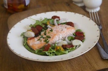 Salmon and chorizo with salad