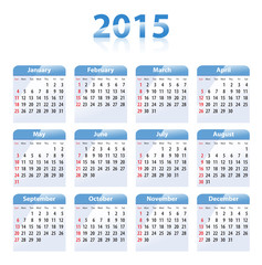Blue glossy calendar for 2015 in English. Sundays first