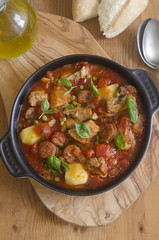 Pork, chorizo and pea stew