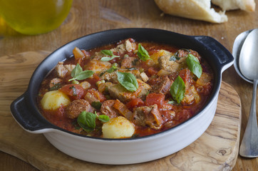 Pork, chorizo and pea stew