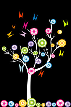 Abstract white tree with stylized fruits and butterflies