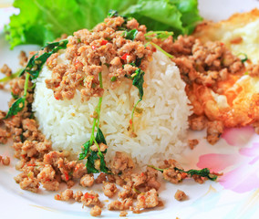 Thai food; Fried pork with white  and rice