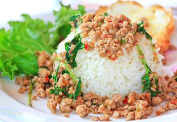 Thai food; Fried pork with white  and rice