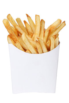 French fries in a white box isolated