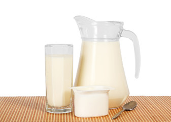 Jug and glass with milk, yogurt