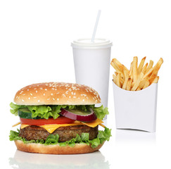 Hamburger with french fries and a cola drink, isolated on white