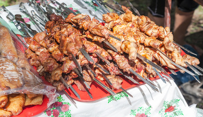 Fresh portion of shish kebab (shashlik) on a tray