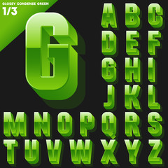 Vector alphabet of simple 3d glossy letters. Condensed. Green