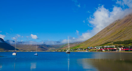 Fototapeta premium Beautiful Icelandic Vibrant Summer Landscape with Fjord, Isafjor