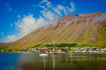 Beautiful Icelandic Vibrant Summer Landscape with Fjord, Isafjor