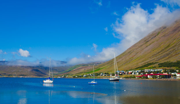 Beautiful Icelandic Vibrant Summer Landscape with Fjord, Isafjor