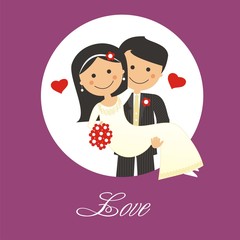 Pareja de recién casados con texto. Ilustración vectorial