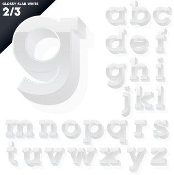 Vector alphabet of simple 3d glossy letters. Slab. White