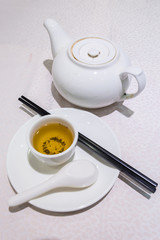 White Cup of tea with teapot on the table