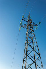 High-voltage electricity pylons, view from below