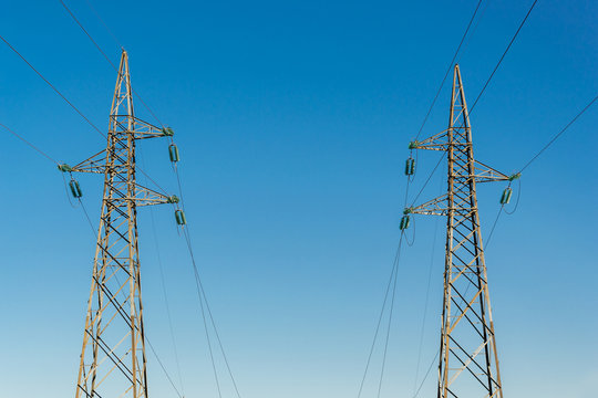 High-voltage electricity pylons, view from below