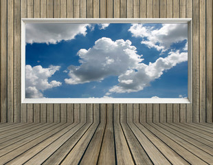 blue sky and clound in picture frame old wood wall