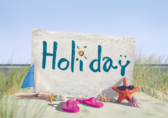 Holiday Signboard and Summer Props on Beach