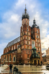 Krakow old city at night St. Mary's Church. Krakow Poland.