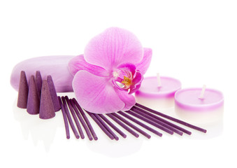 Orchid flower, aromatic set and the soap