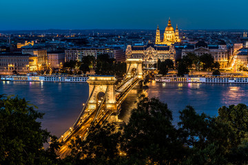 Fototapeta na wymiar Panorama of Budapest, Hungary, with the Chain Bridge and the Par