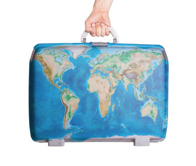 Used plastic suitcase with stains and scratches