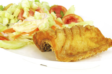 Fish dish - deep fried fish with vegetable salad on white