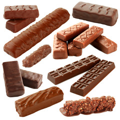 Collage of chocolate bars isolated on white