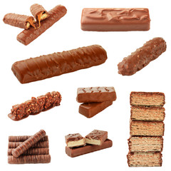 Collage of chocolate bars isolated on white