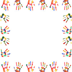 Fototapeta na wymiar Frame of color hands print isolated on white